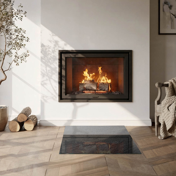 Square glass hearth for wood stove Natural stone texture