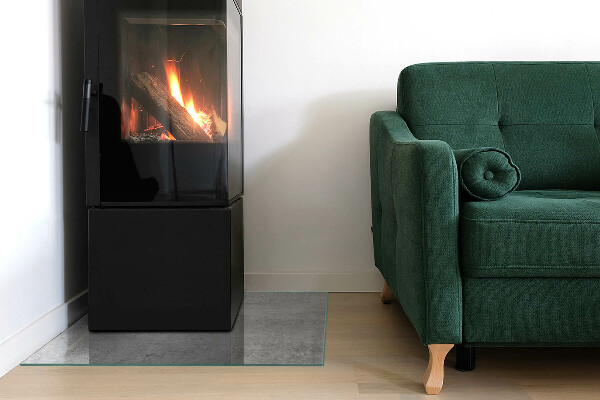 Square glass hearth for wood stove Raw concrete texture