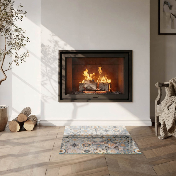 Square glass hearth for log burner Mosaic patterns in tiles