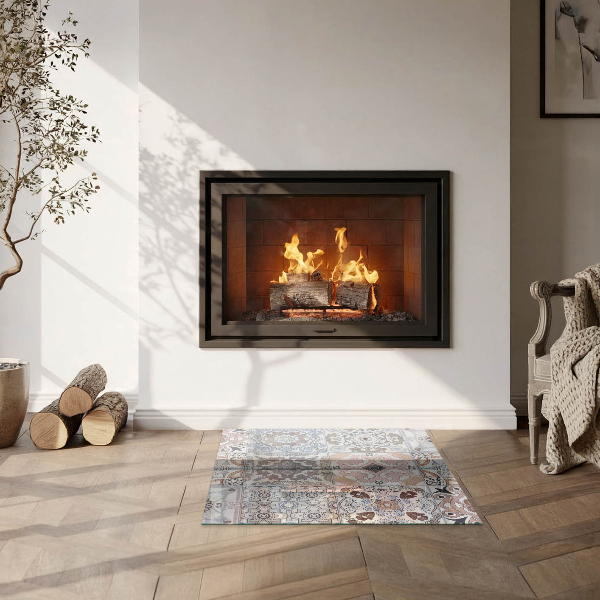 Square glass hearth for wood stove Mosaic patterns in tiles