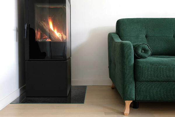 Square glass hearth for wood stove Stone surface texture