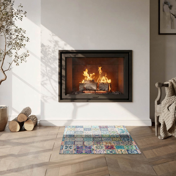 Square glass hearth for log burner Mosaic patterns on tiles