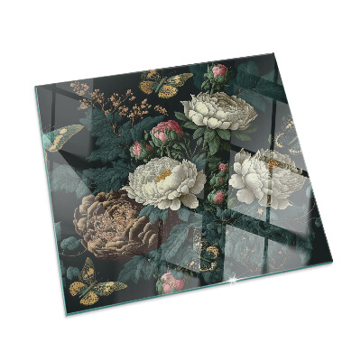 Square glass hearth Floral pattern with butterflies