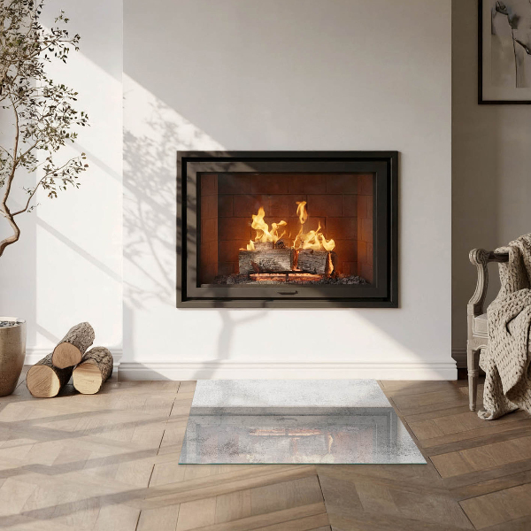 Square glass hearth for wood stove Raw concrete texture