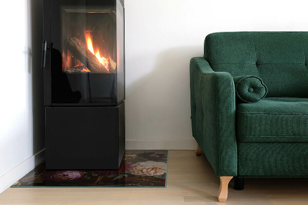 Square glass hearth for log burner Flower bouquet in detail