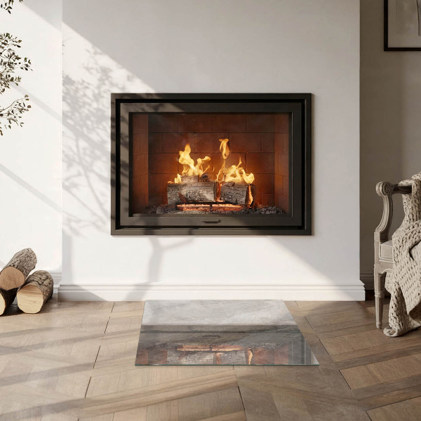 Square glass hearth for log burner Natural stone pattern