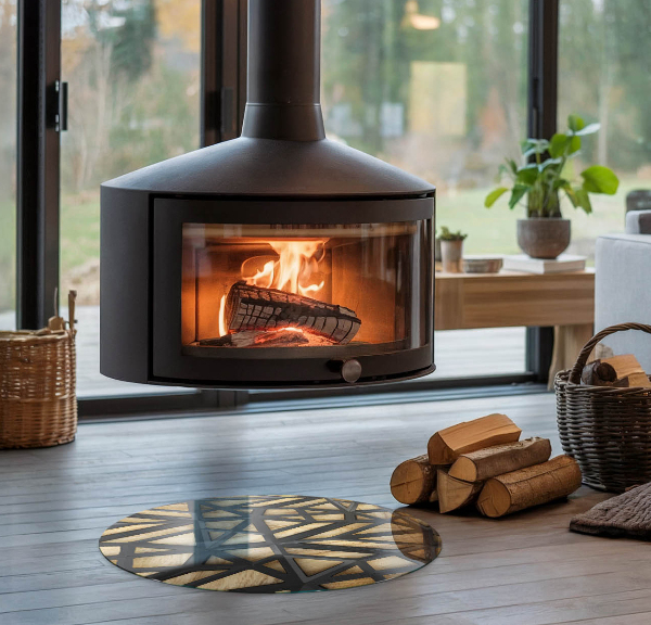 Round glass wood burner hearth Geometry with wood