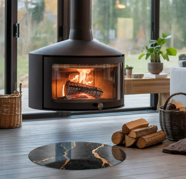 Round glass fire hearth Elegant marble with veins