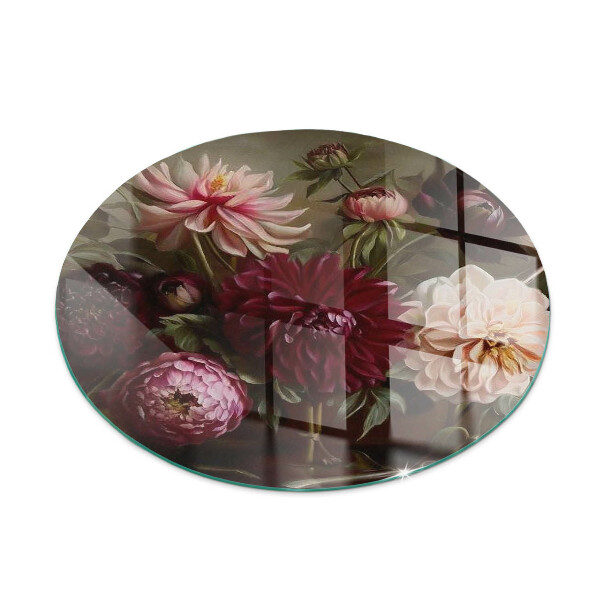 Round glass fire hearth Flower bouquet in detail
