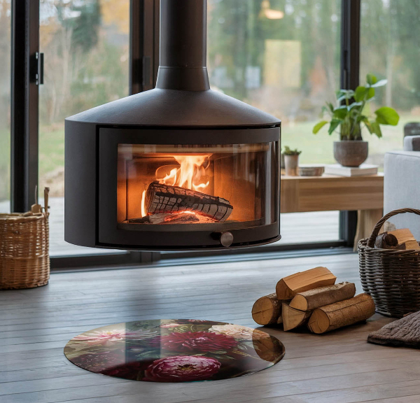 Round glass fire hearth Flower bouquet in detail