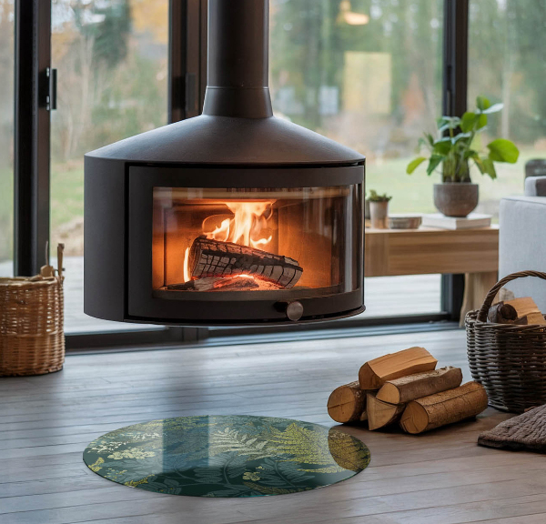 Round glass wood burner hearth Plant motifs with butterflies