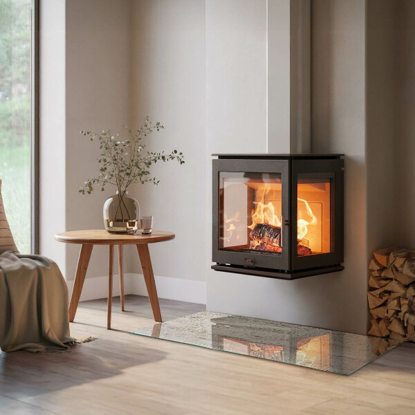 Rectangular glass hearth for log burner Light wood texture