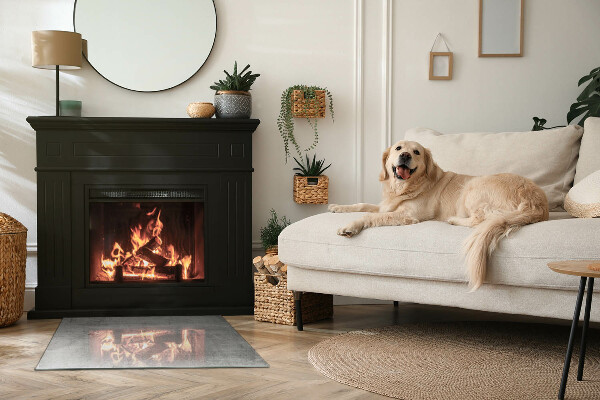 Rectangular glass hearth for wood stove Raw concrete texture
