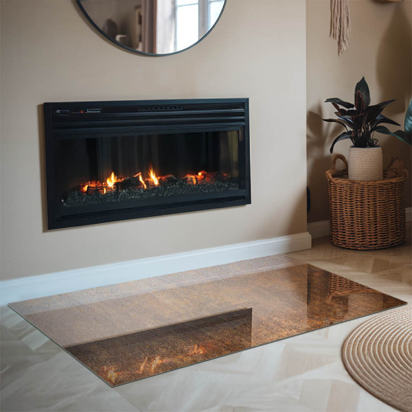 Rectangular glass hearth for log burner Rust texture on metal