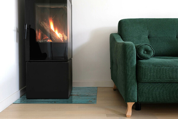 Rectangular glass hearth for wood stove Rustic style boards