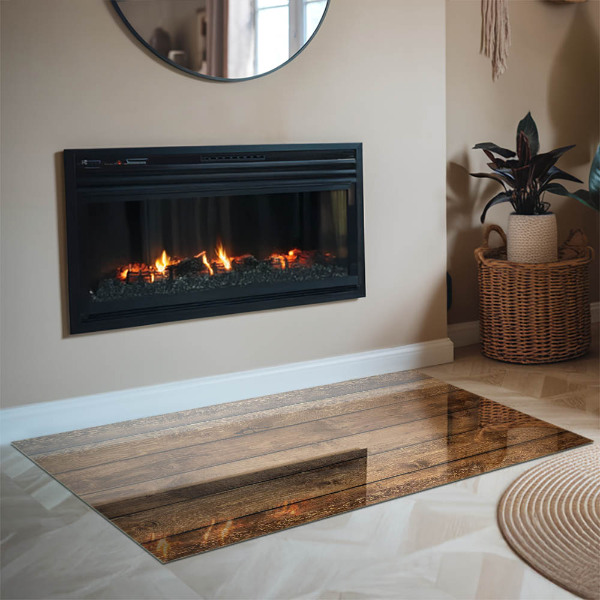 Rectangular glass hearth for log burner Wooden board with grain