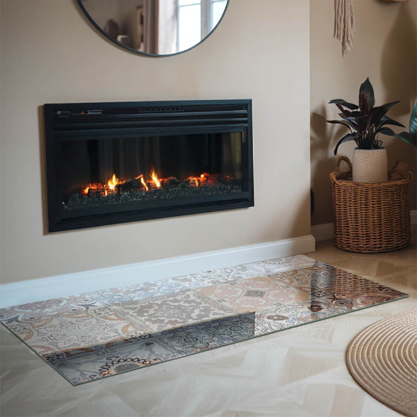 Rectangular glass hearth for wood stove Mosaic patterns in tiles