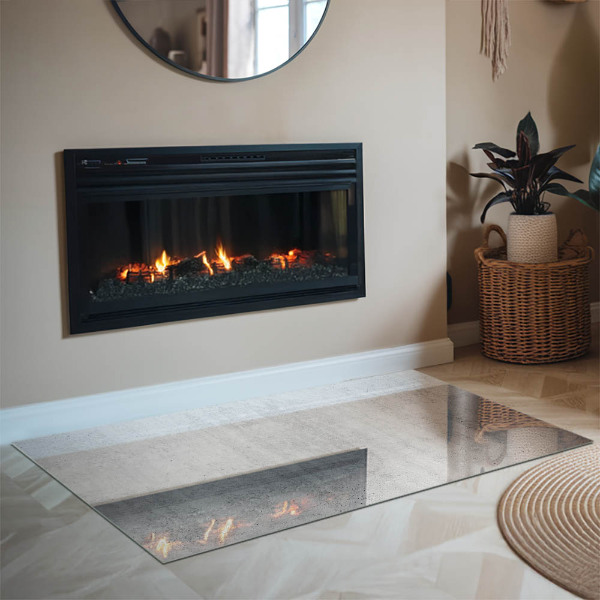 Rectangular glass hearth for log burner Raw concrete texture