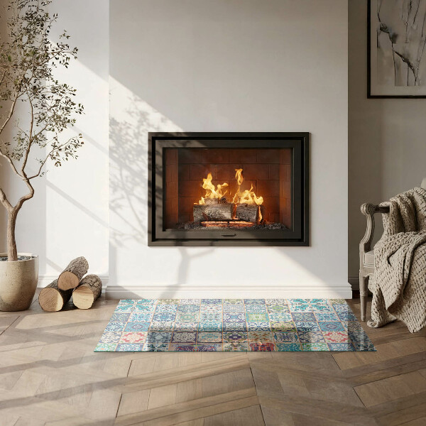 Rectangular glass hearth for log burner Mosaic patterns on tiles