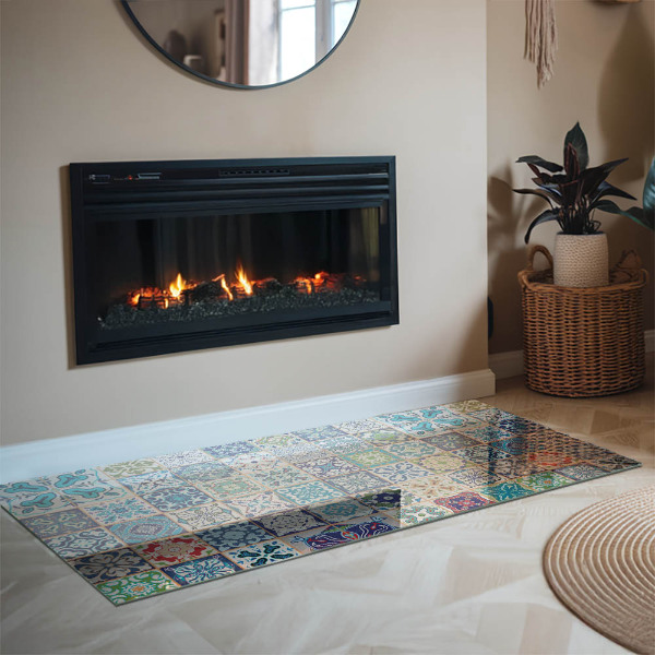 Rectangular glass hearth for log burner Mosaic patterns on tiles