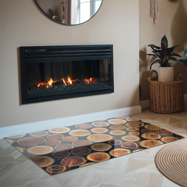 Rectangular glass hearth for wood stove Box with cut wood