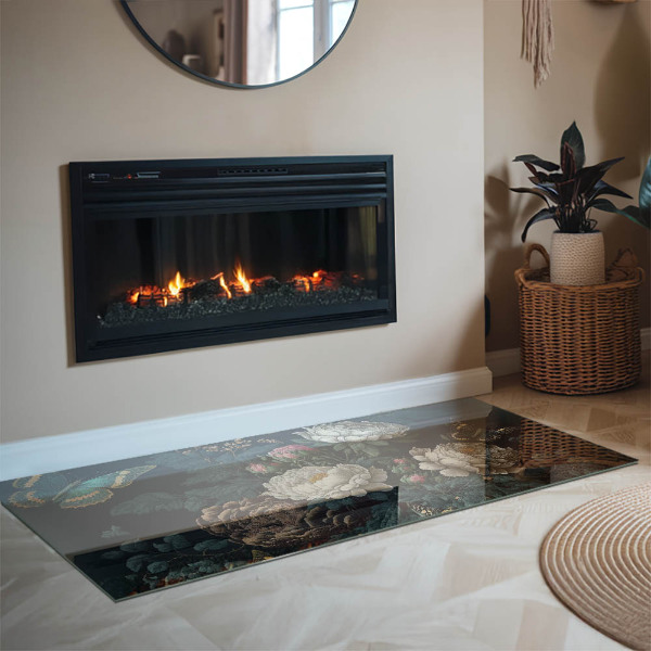 Rectangular glass hearth Floral pattern with butterflies