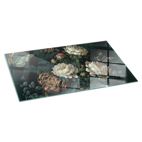 Rectangular glass hearth Floral pattern with butterflies