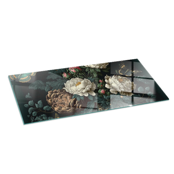 Rectangular glass hearth Floral pattern with butterflies