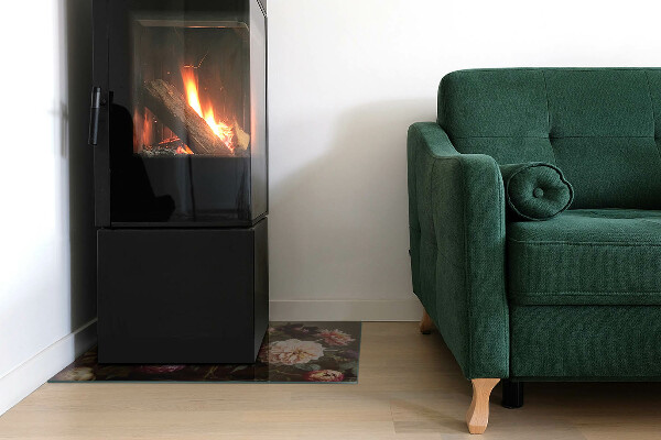 Rectangular glass hearth for log burner Flower bouquet in detail