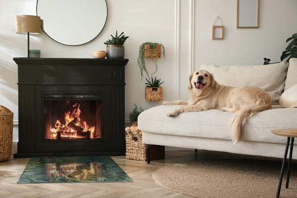 Rectangular glass hearth for wood stove Plant motifs with butterflies