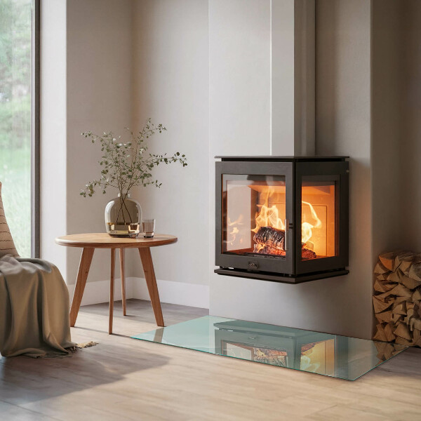 Rectangular glass hearth for log burner Delicate marble pattern