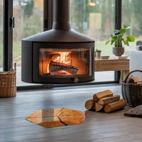 Hexagonal corner glass hearth Wood grain in cross-section