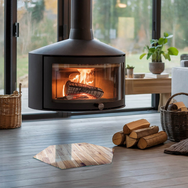 Hexagonal glass hearth for stove Wooden board in the layout