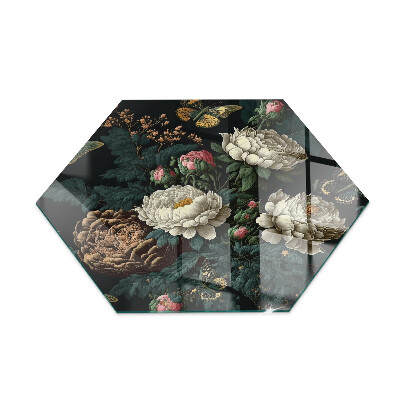 Hexagonal corner glass hearth Floral pattern with butterflies