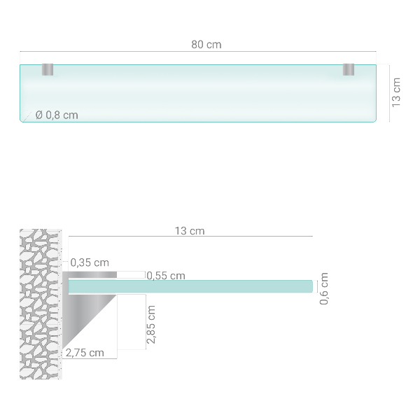 Translucent floating shelf for mirror measuring 31 by 5 inches