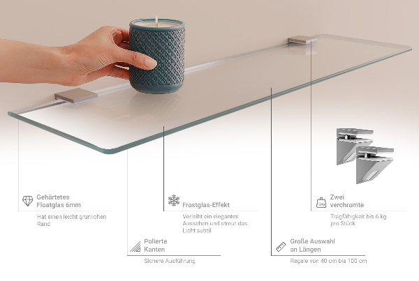 Translucent glass bath and shower shelf in 35x5 inches or 90x13 centimeters