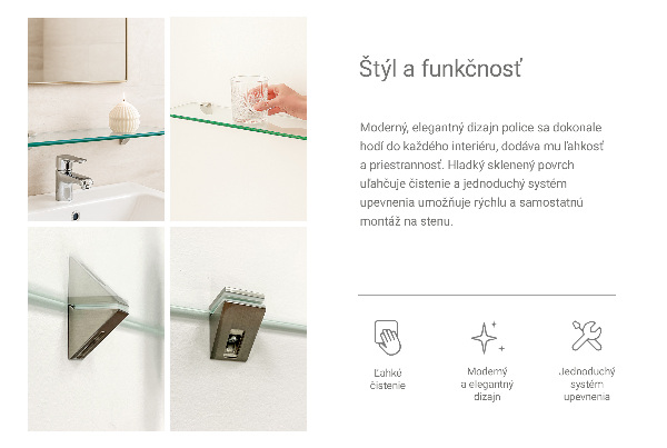 Glass wall shelf for mirror 17x5 in (45x13 cm)