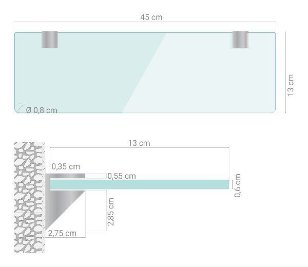 Glass wall shelf for mirror 17x5 in (45x13 cm)