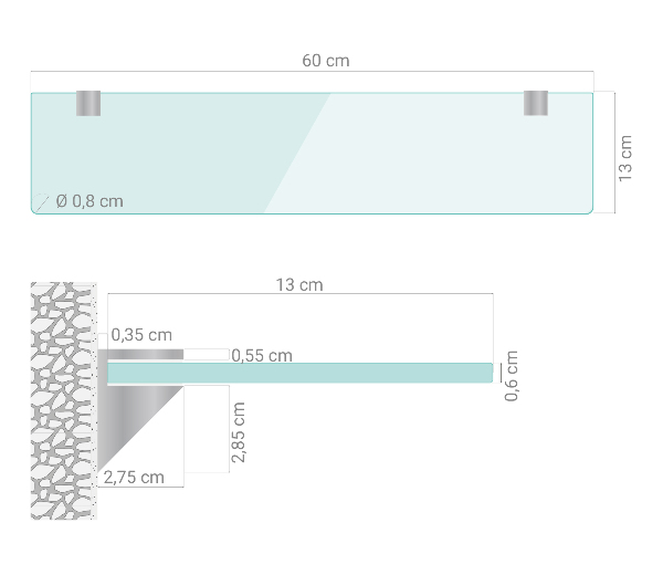 Glass wall shelf for mirror 23x5 in (60x13 cm)