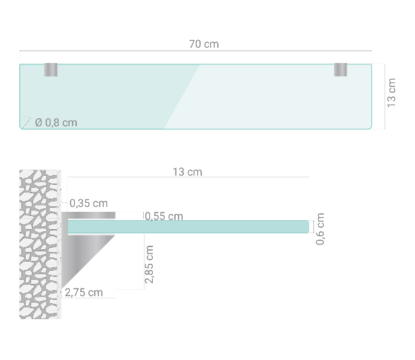 Glass bathroom shelf 27x5 in (70x13 cm)