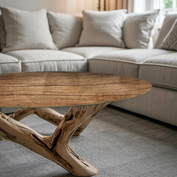 Round glass table top Natural wood texture