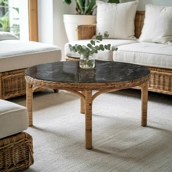 Round glass table top with print Veined marble pattern
