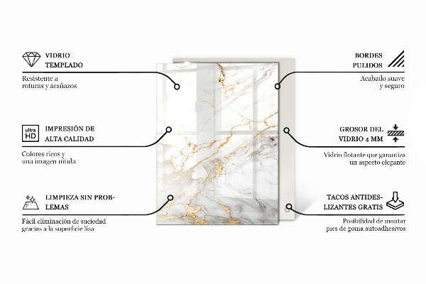 Rectangular glass table top with print Marble texture motif