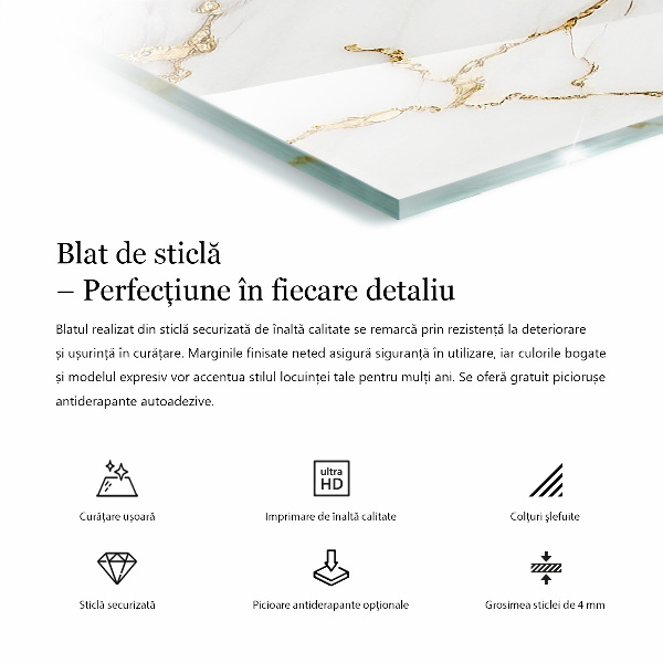 Rectangular glass table top with print Marble texture motif