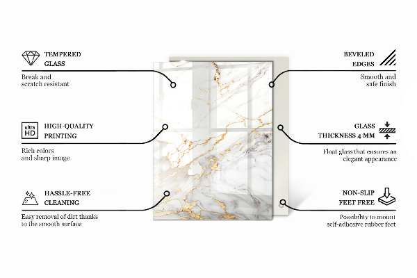 Rectangular glass table top with print Marble texture motif