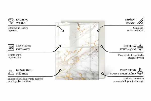 Rectangular glass table top Marble-inspired pattern