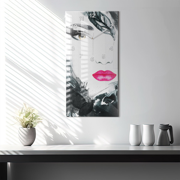 Vertical wall clock Portrait of a woman red lips