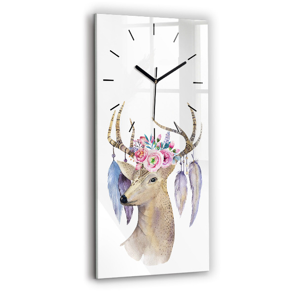 Vertical wall clock Deer head and flowers