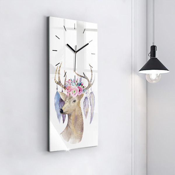 Vertical wall clock Deer head and flowers