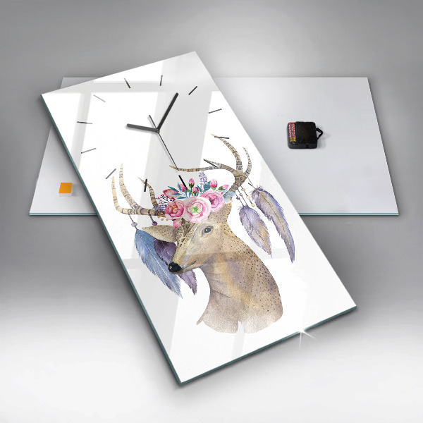 Vertical wall clock Deer head and flowers